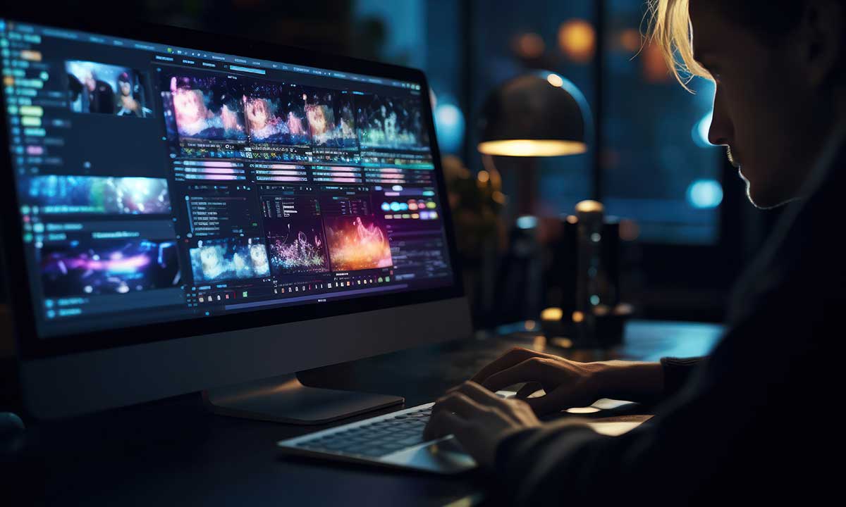 Content creator at a workstation editing video content, with multiple clips and timelines visible on a large monitor, reflecting the intricate process of digital video production.