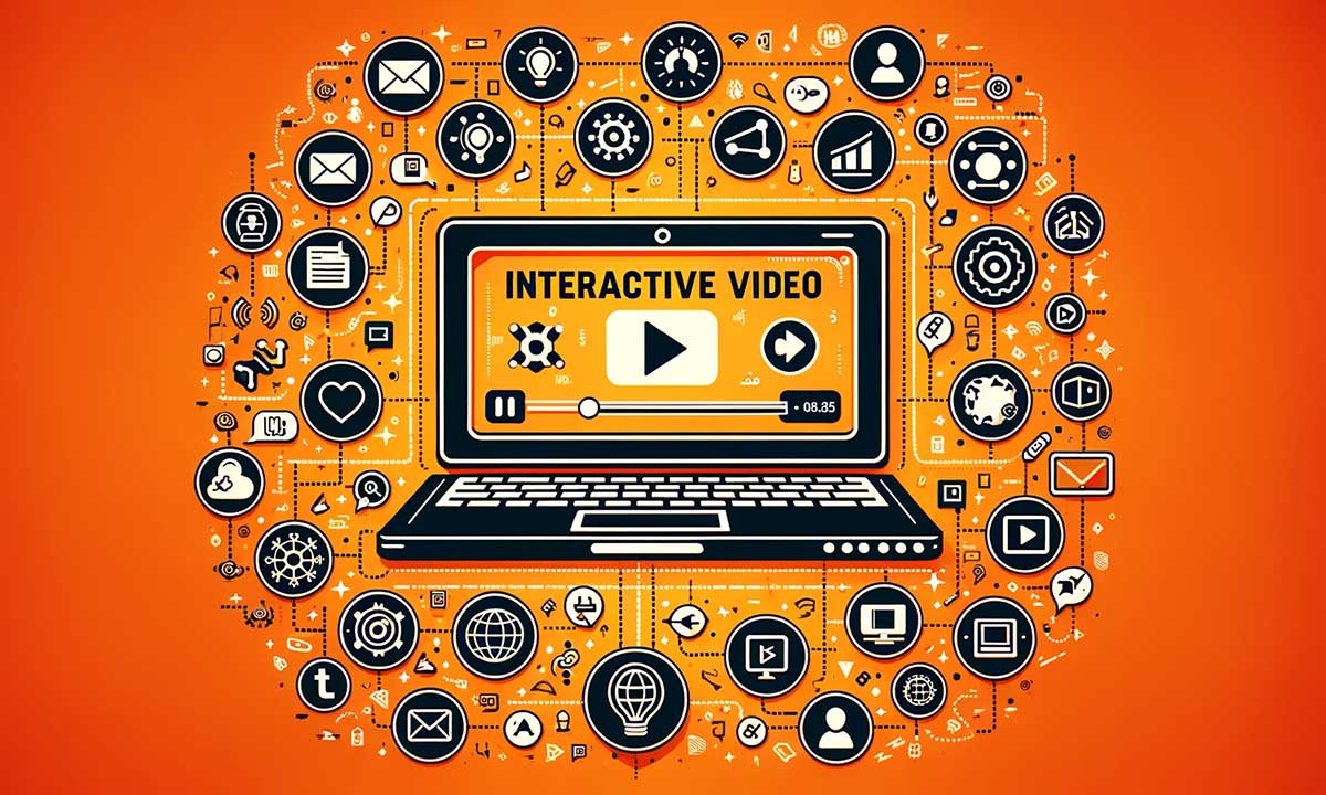 Graphic illustration of a laptop with 'INTERACTIVE VIDEO' on the screen surrounded by various multimedia and social media icons, representing the diverse and dynamic nature of interactive video content.