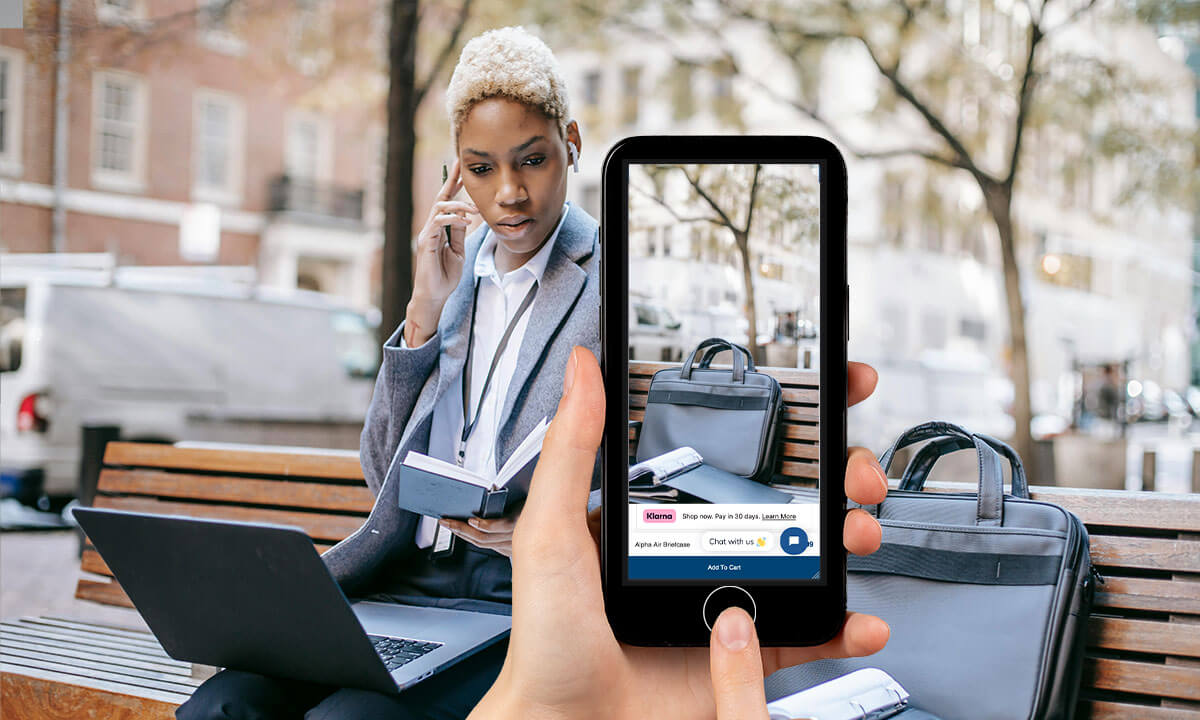 Hand holding a smartphone using a visual search to identify and display details for a black vase on a screen, with the phrase 'BEYOND KEYWORDS: THE RISE OF VISUAL SEARCH IN DIGITAL MARKETING' superimposed.