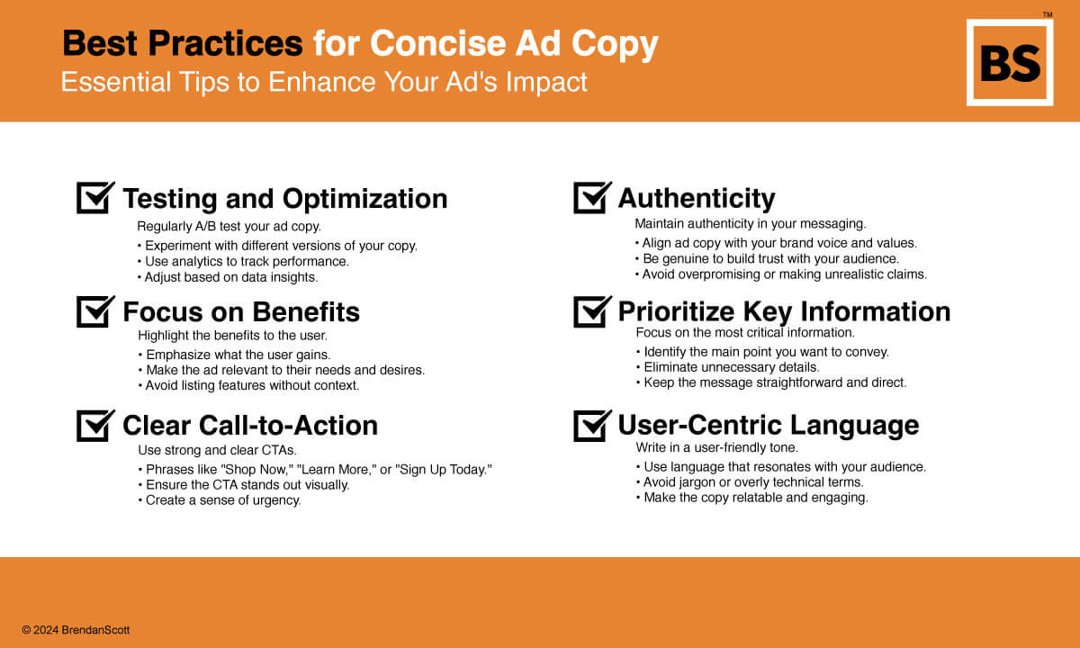 Best Practices for Concise Ad Copy: Essential Tips to Enhance Your Ad's Impact. Includes tips on testing and optimization, authenticity, focusing on benefits, prioritizing key information, clear call-to-action, and user-centric language.