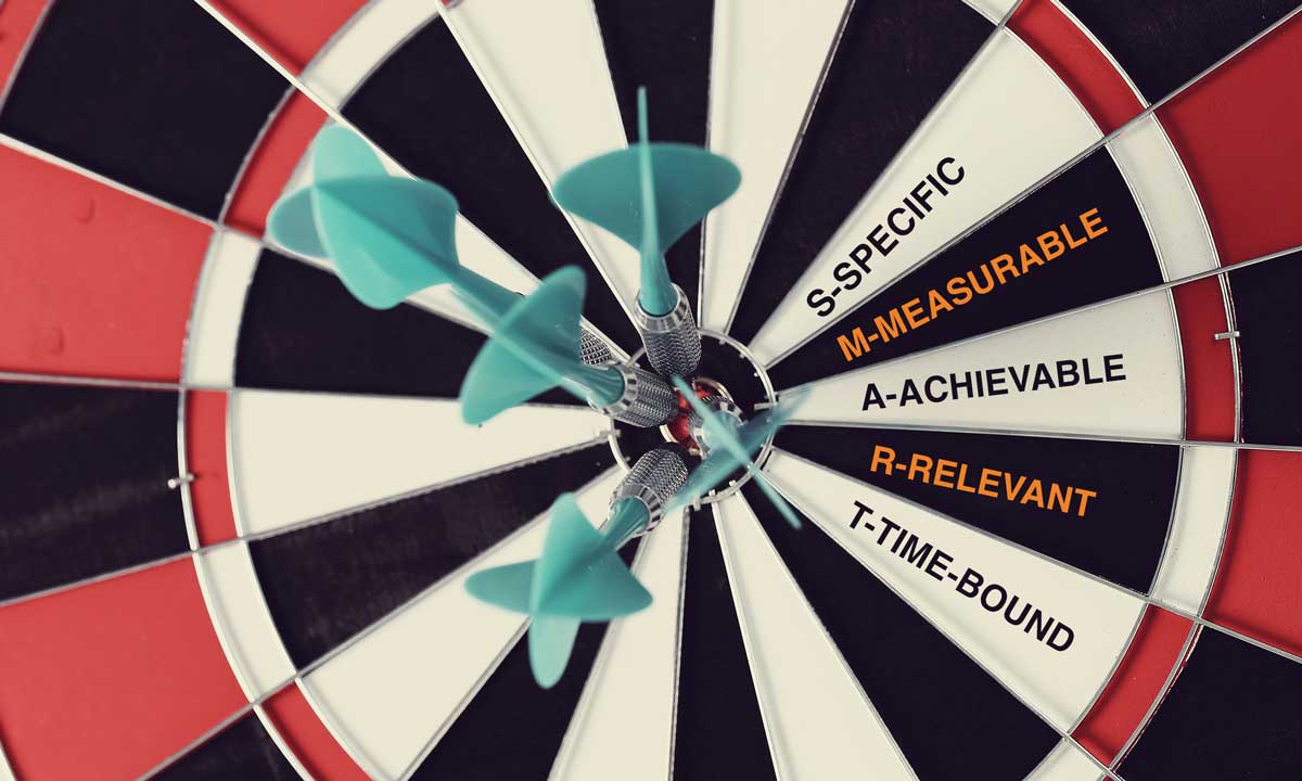 Close-up of a dartboard with darts hitting the bullseye, labeled with the SMART goals: Specific, Measurable, Achievable, Relevant, and Time-bound.