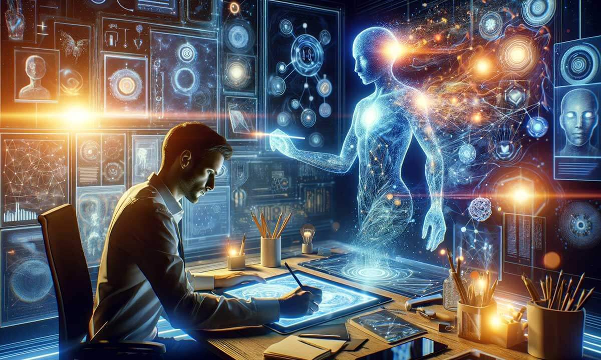 Designer working at a digital interface with a luminous, holographic human figure and assorted data visualizations, depicting the integration of AI and human creativity in content development.