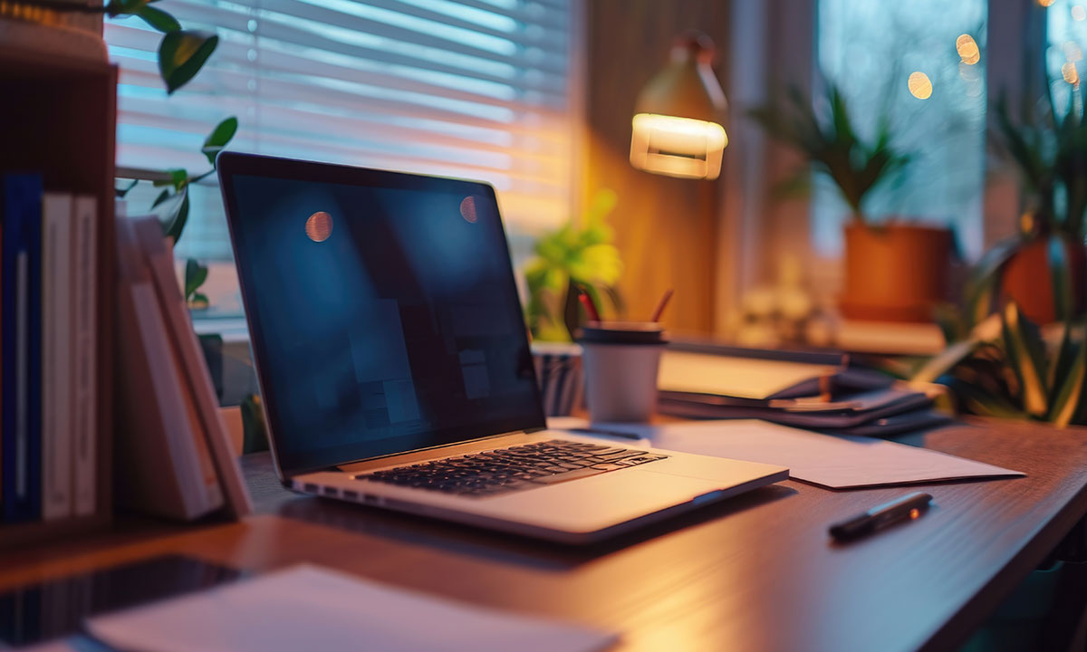 A cozy home office desk setup with a laptop open on the wooden desk, surrounded by papers, books, and indoor plants, softly lit by a desk lamp and natural light filtering through the blinds.