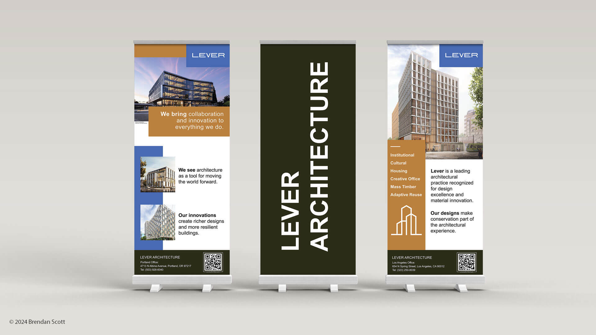 Lever Architecture retractable banner stands showcasing architectural designs and project highlights.