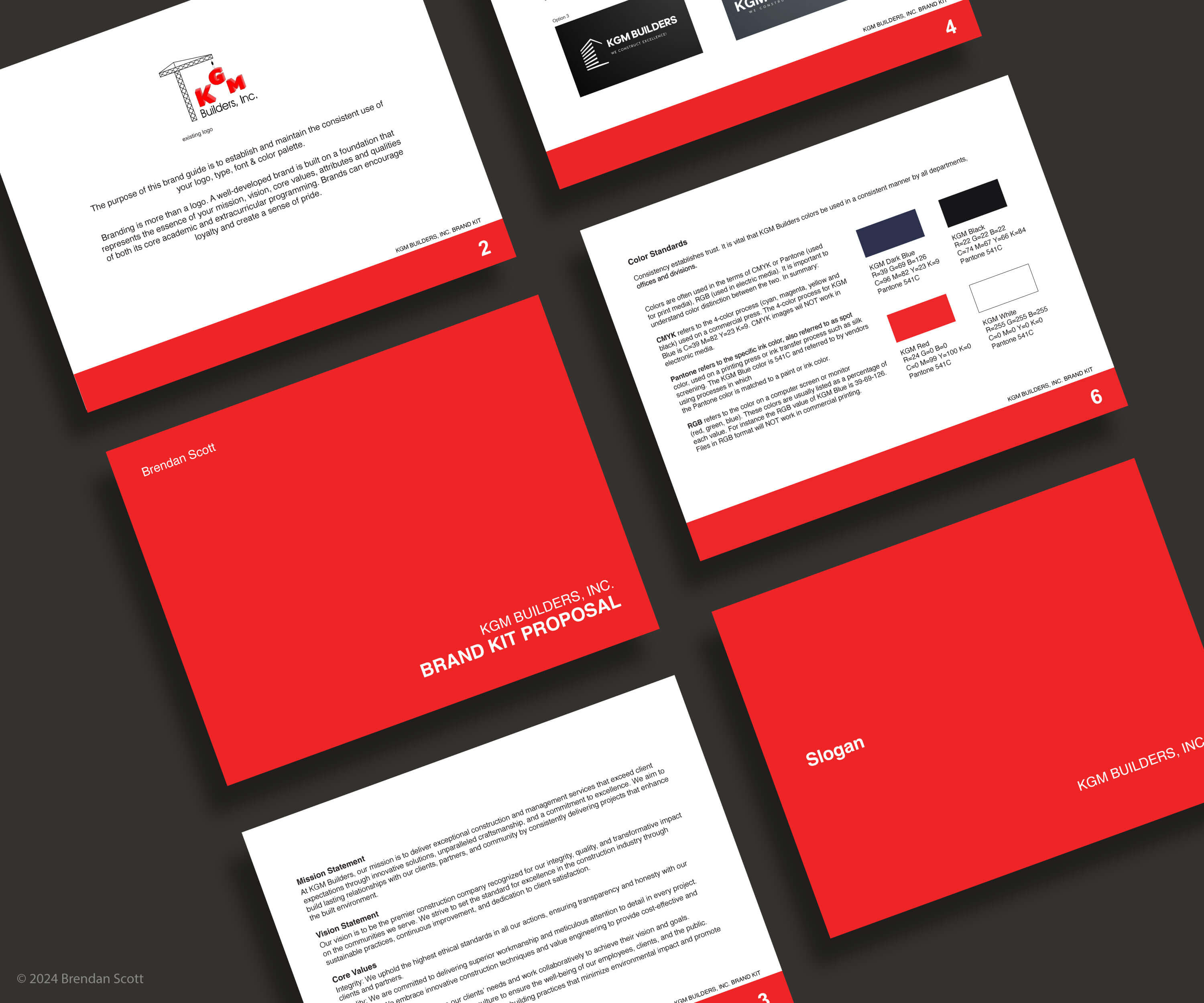 Brand kit proposal for KGM Builders, featuring brand guidelines, logo designs, and color schemes.