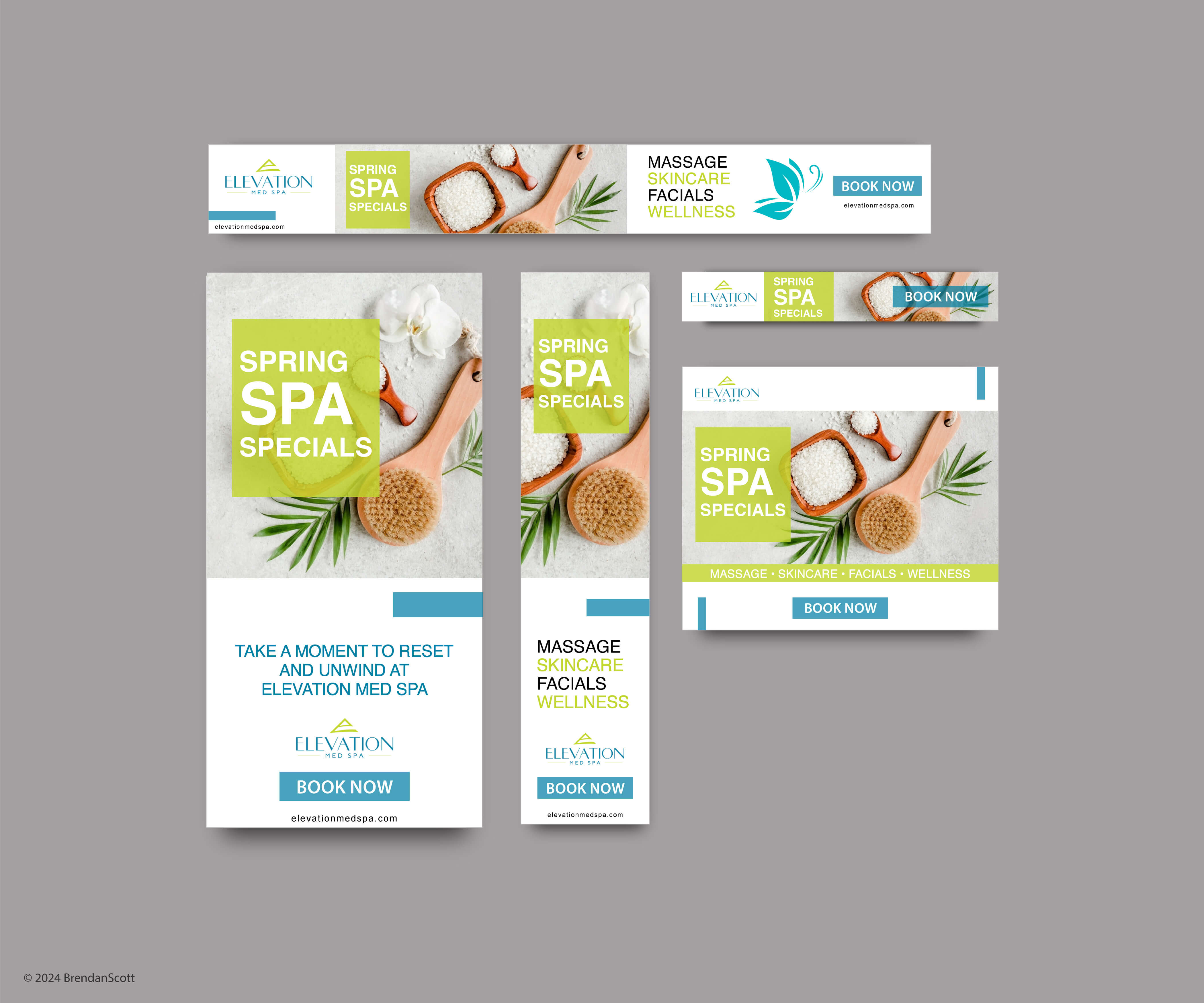 Spring spa specials banner ads for Elevation Med Spa, promoting massage, facials, and wellness services.