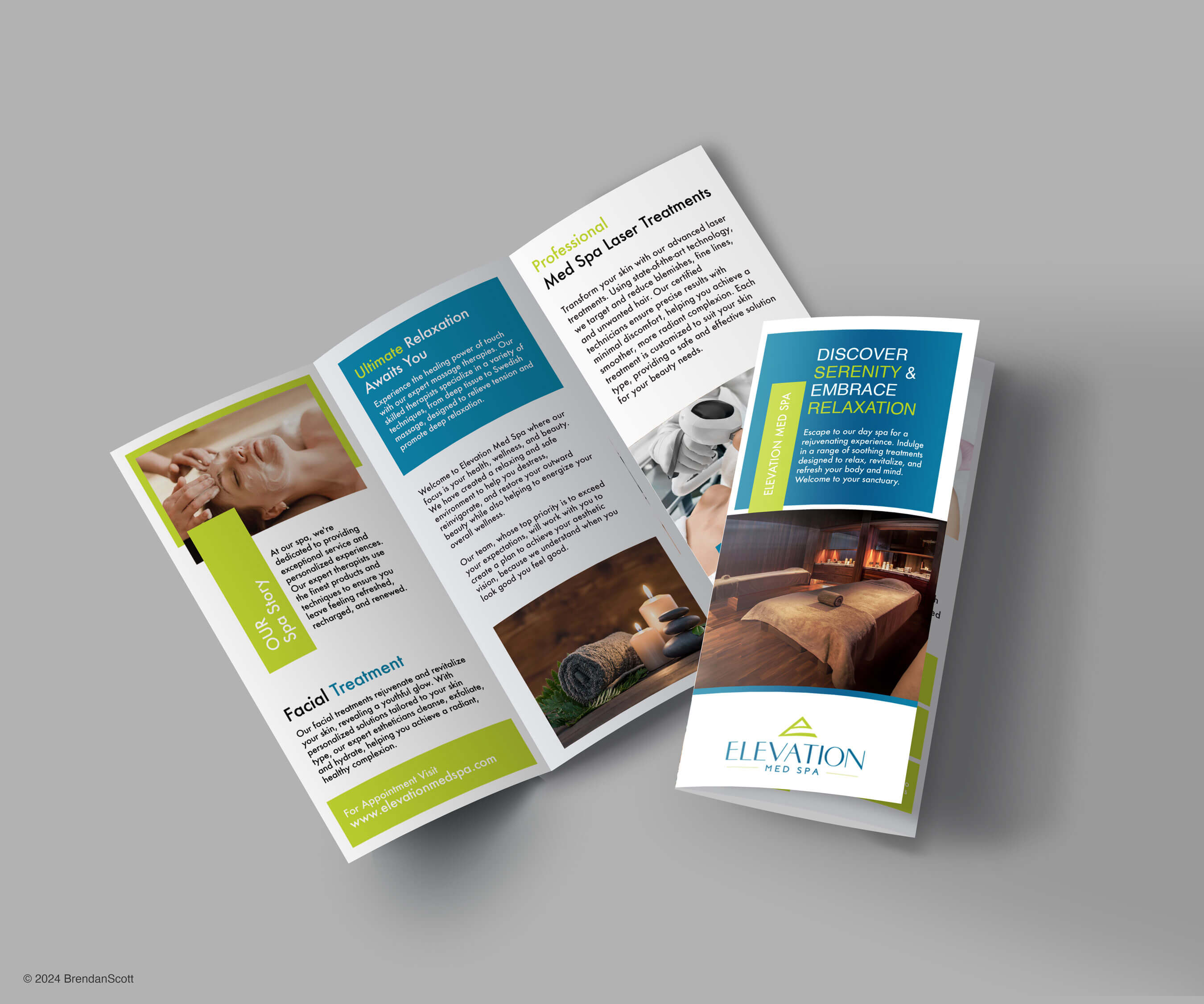 Tri-fold brochure for Elevation Med Spa, detailing spa treatments and relaxation services.