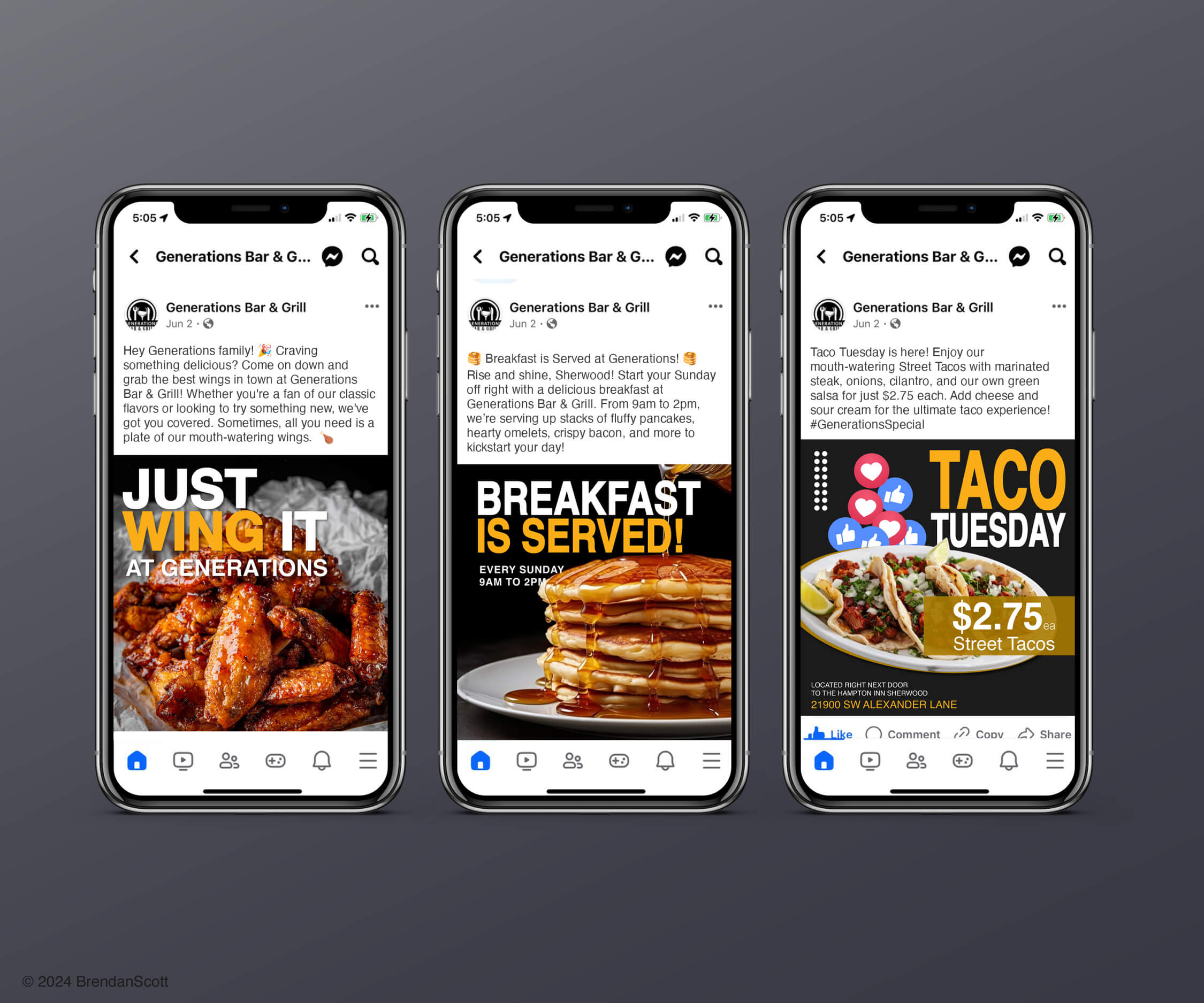 Three iPhones showcasing Generations Bar & Grill's social media posts promoting Just Wing It, Breakfast is Served, and Taco Tuesday specials.