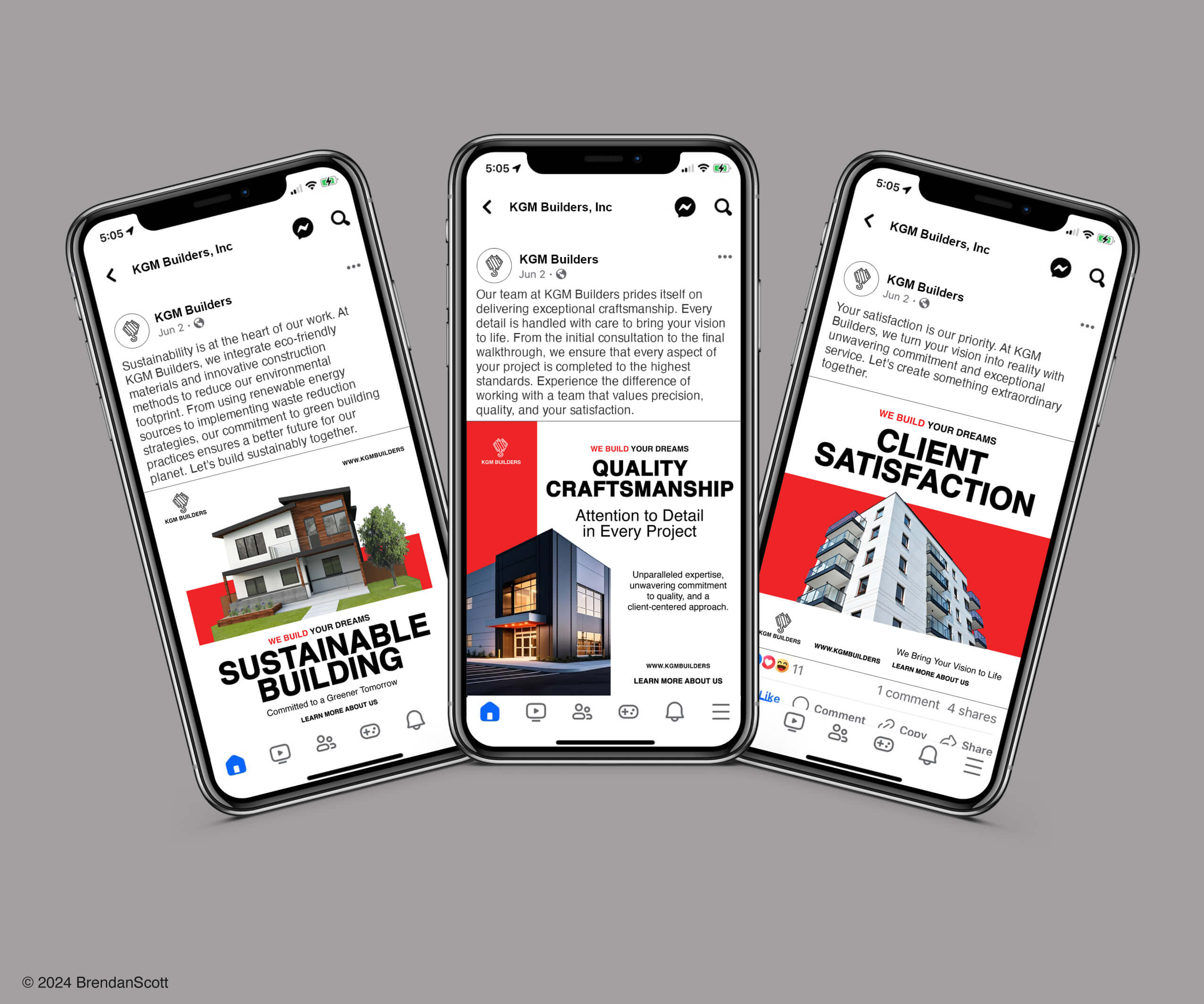 Three iPhones displaying KGM Builders' social media posts emphasizing sustainable building, quality craftsmanship, and client satisfaction.